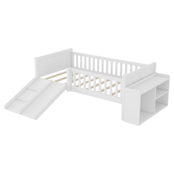 English Elm Twin Low Loft Kids Bed with Fun Slide Climbing Structure and Movable Bookshelf White W2593P437109