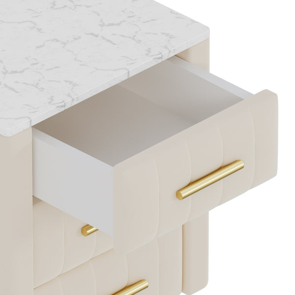 English Elm Upholstered Velvet Nightstand with Faux Marble Top Three Drawers and Slim Metal Legs Beige N733P208520A