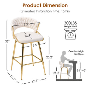 English Elm Counter Height Stools Set of 2 Mid-century Metal Legs Ergonomic Kitchen Island Seating Beige T3623P430873