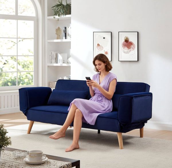 English Elm 72.8" Velvet Futon Sleeper Sofa Split Back Reclining Couch for Apartments and Guest Rooms Navy Blue W1669P364130