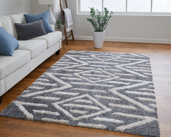 Feizy Rugs Mynka Geometric High Pile Polyester Rug - Stain Resistant, Pet Friendly, Perfect For Any Space Gray,Ivory Polyester Myn39ibfgry000g23