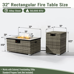 English Elm 32" Outdoor Propane Fire Pit Table with Ceramic Top, 50,000 BTU Stainless Steel Burner, Wicker Base and Tank Cover Beige W853P202196