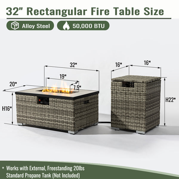 English Elm 32" Outdoor Propane Fire Pit Table with Ceramic Top, 50,000 BTU Stainless Steel Burner, Wicker Base and Tank Cover Beige W853P202196