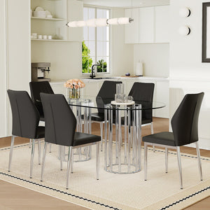 English Elm Table and Chair Set Oval Tempered Glass Top Six Seat Contemporary Dining Black,Silver,Transparent W1151S04740