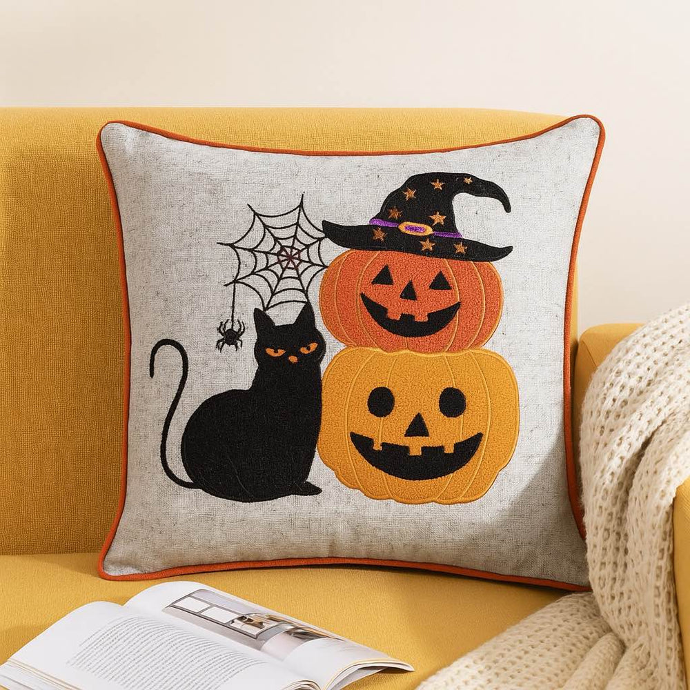 English Elm Halloween Black Cat & Pumpkin Stack Throw Pillow - Whimsical Home Decor For Spooky Seasonal Vibes B357P360663