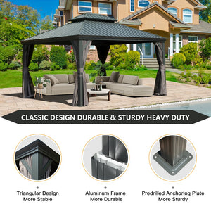 English Elm 10' X 12' Hardtop Gazebo - Durable Steel Roof, Aluminum Frame, Curtains & Netting For Outdoor Comfort W1859S00156