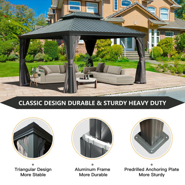 English Elm 10' X 12' Hardtop Gazebo - Durable Steel Roof, Aluminum Frame, Curtains & Netting For Outdoor Comfort W1859S00156