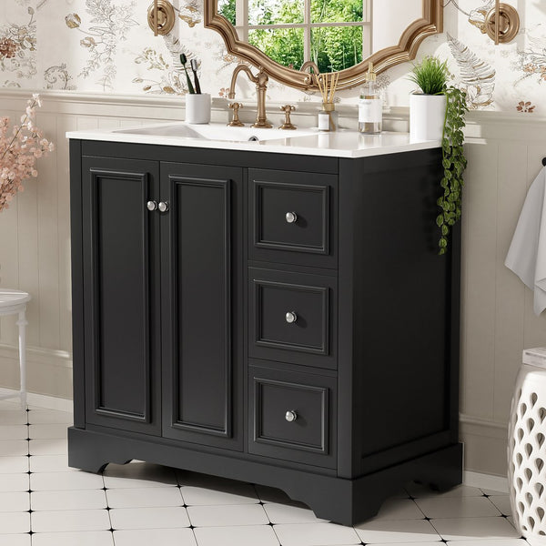 English Elm 36'' Transitional Bathroom Vanity with Ceramic Sink, Solid Wood Frame, Adjustable U-Shelf & Soft-Close Doors Black N729P292966B