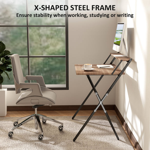 English Elm 32" Foldable Computer Desk with Built-in Monitor Shelf and Steel Frame for Small Spaces T3971P408193