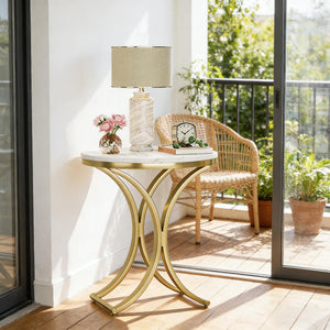English Elm Chic Two-tier Round End Table with Metal Frame and Open Shelf for Living Room T3971P449094