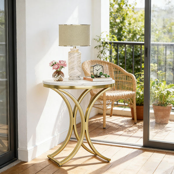 English Elm Chic Two-tier Round End Table with Metal Frame and Open Shelf for Living Room T3971P449094