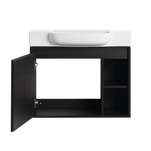English Elm 28'' Floating Bathroom Vanity with Ceramic Sink Soft Close Door Melamine Cabinet Dark Oak W999P426640