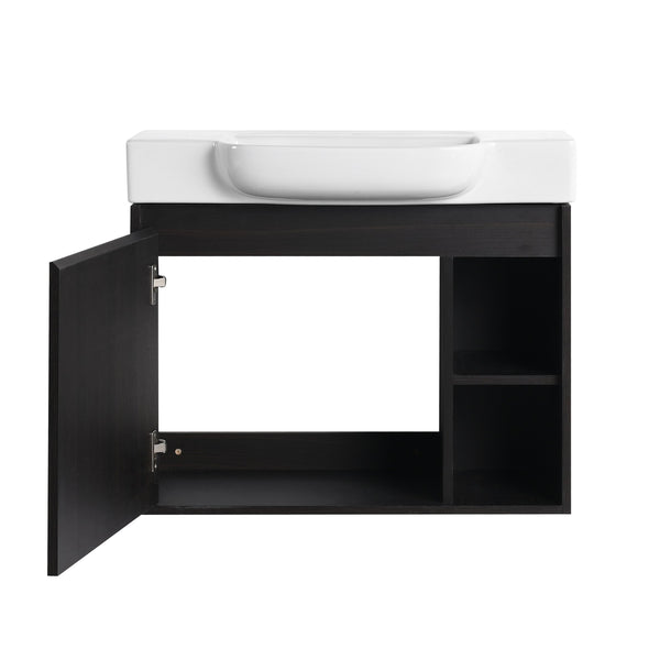 English Elm 28'' Floating Bathroom Vanity with Ceramic Sink Soft Close Door Melamine Cabinet Dark Oak W999P426640