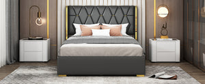 English Elm Full Upholstered Platform Bed with PU Headboard and Metal Accent Strips, Sturdy Slats, Black 440lb Capacity SF000148AAB