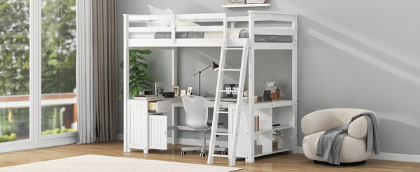English Elm Full Loft Bed with U-Shaped Workstation, Built-In Drawers, Shelves & Cabinet for Space Saving White GX001039AAK