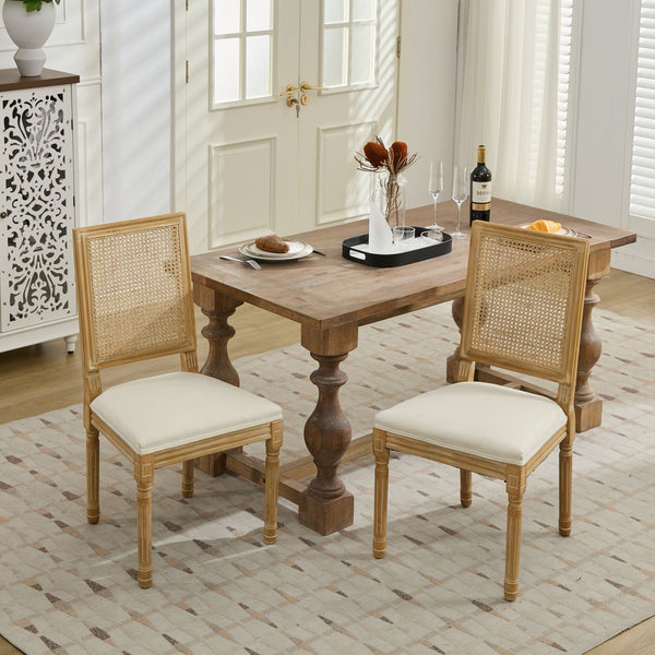 English Elm French Louis Dining Chair Set of 2 with Rattan Square Backrest, Carved Solid Wood Frame, Cushioned Elegance Beige W1143P335056