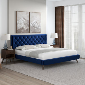 English Elm Ashcroft Furniture - Dillon Luxurious Blue Velvet King Platform Bed With Scrolled Headboard And Nailhead Trim Design B183S00093