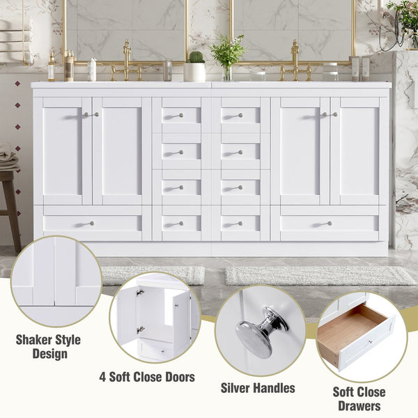 English Elm 72-inch Shaker Double Bathroom Vanity White Mdf Soft Close Drawers Resin Basin N729P000029K