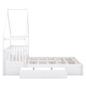 English Elm Wood Queen Size House Platform Bed with Guardrail and 2 Drawers — Charming Kids’ Playful Storage Bedframe White GX000726AAK