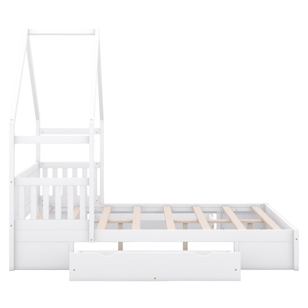 English Elm Wood Queen Size House Platform Bed with Guardrail and 2 Drawers — Charming Kids’ Playful Storage Bedframe White GX000726AAK