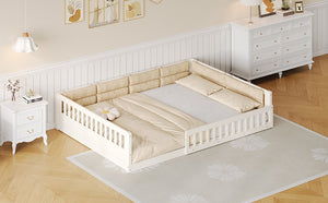 English Elm Wood Full Size Upholstered Platform Bed with Guardrail and Head Pillow, Sleek Silhouette, Sturdy 600lb Capacity Beige WF323090AAA