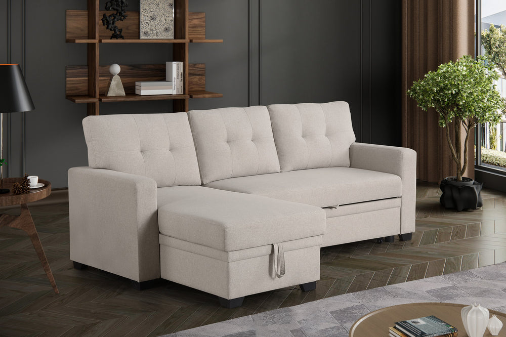 English Elm Convertible Upholstered Sectional Sofa with Pull-out Chaise Sleeper and Storage Beige B2730S00005