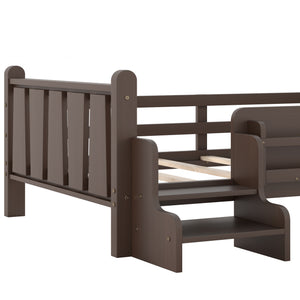English Elm Twin Pine Floor Bed for Kids with Side Bookcases Built-in Stairs and Safety Guardrails Espresso W1580P390217