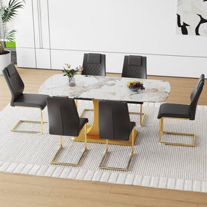 English Elm Table And Chair Set - Luxurious 71" Pandora Glass Dining Table With Golden C-Shaped Legs & 6 Pu Chairs W1151S03225-GIGA