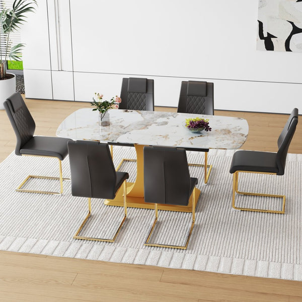 English Elm Table And Chair Set - Luxurious 71" Pandora Glass Dining Table With Golden C-Shaped Legs & 6 Pu Chairs W1151S03225-GIGA