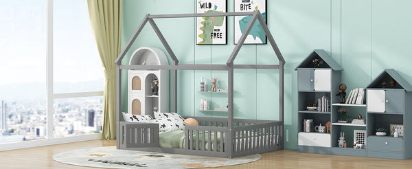 English Elm Full Size Pine House Bed with Pitched Roof Fence and Door for Kids Playroom WF531502AAE