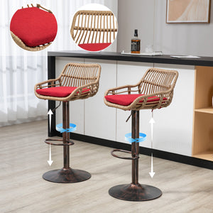 English Elm Modern Swivel Bar Stools Set of 2 Adjustable Counter Height Chairs with Linen Seat, Retro Rattan Back, 360° Rotation and Footrest, Vintage Gold Base, Durable Indoor/Outdoor Seating (Seat Height 25.6–33.9") Red W39594820
