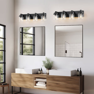 English Elm 4 Matte Black Vanity Light 4-Light Farmhouse Bathroom Fixture with Clear Glass Shades, Water-Resistant LED W2312P389978