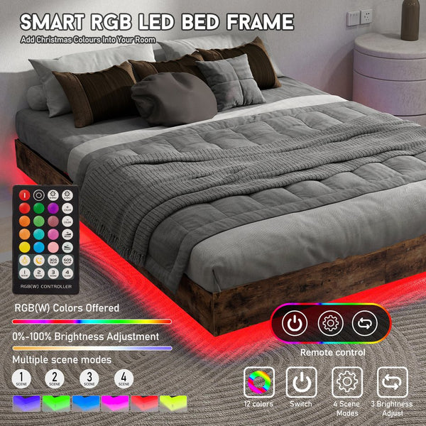 English Elm King Platform Bed with Rgb Led Ambient Glow Heavy Duty Metal Frame Floating Design T3963P446982
