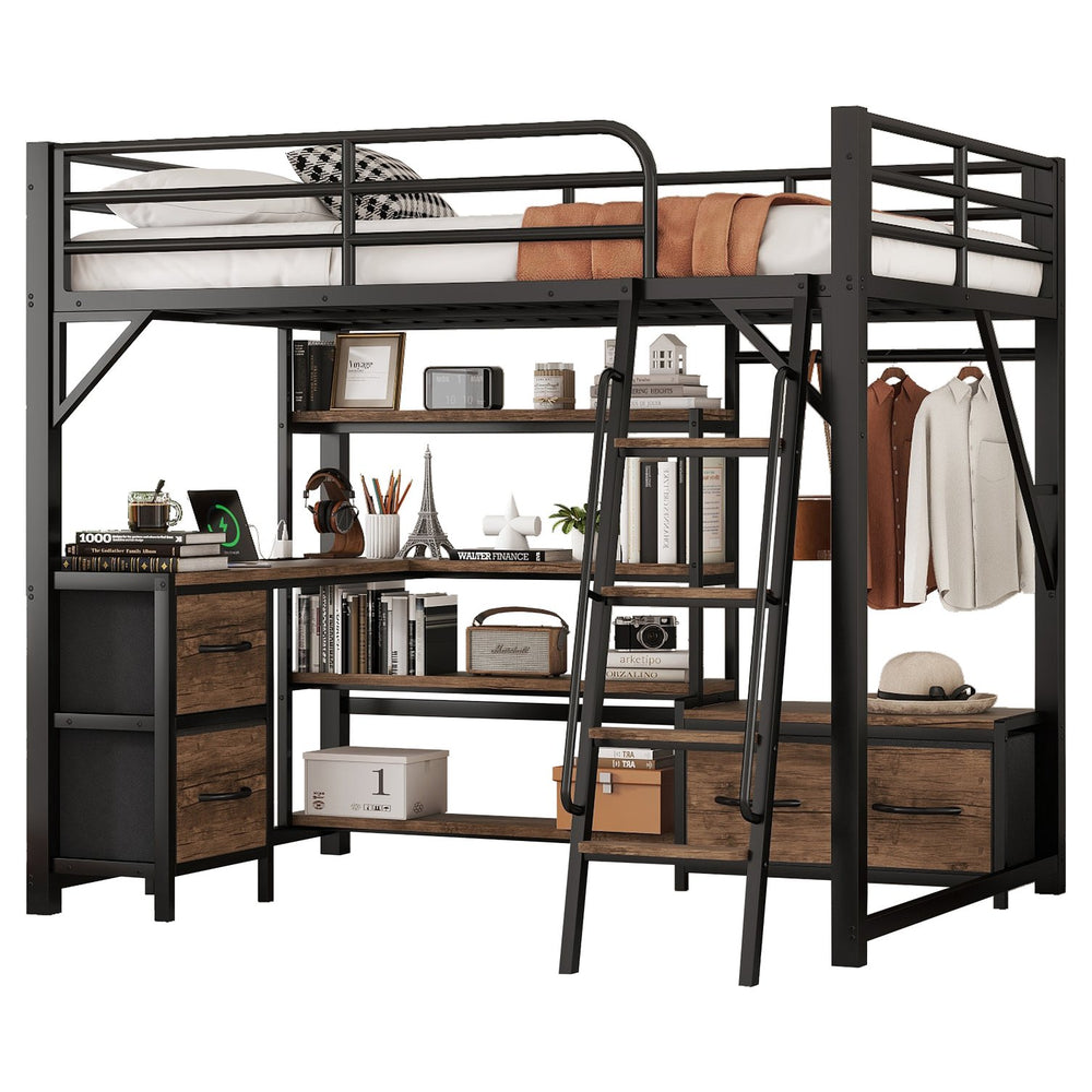 English Elm Full Size Loft Bed With Integrated Desk, Storage Shelves & Wardrobe - Perfect For Small Spaces! W2593S00032