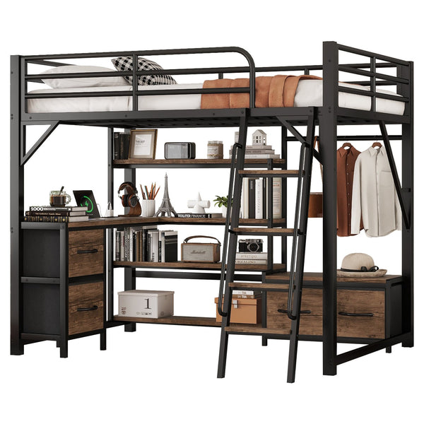 English Elm Full Size Loft Bed With Integrated Desk, Storage Shelves & Wardrobe - Perfect For Small Spaces! W2593S00032