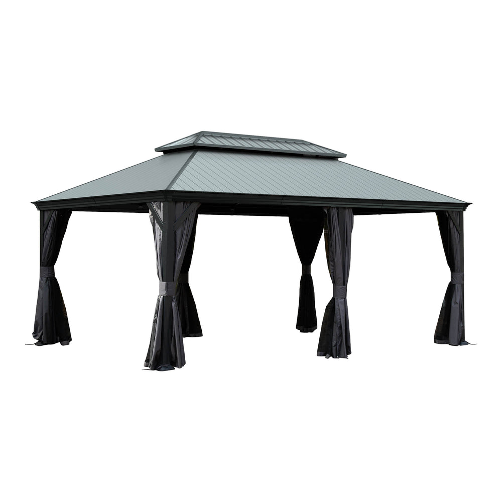 English Elm 12'x18' Hardtop Gazebo Dual Roof Steel Frame Permanent Patio Pavilion with Netting W1859S00187