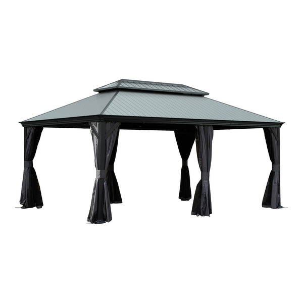 English Elm 12'x18' Hardtop Gazebo Dual Roof Steel Frame Permanent Patio Pavilion with Netting W1859S00187