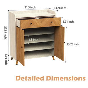 English Elm Shoe Cabinet 4-Tier with 2 Drawers and Doors, Herringbone MDF Top, Adjustable Shelves for Entryway Oak W3383P361253
