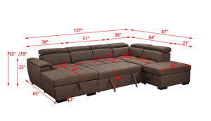 English Elm 128"Sofa U-Shaped Sectional with Pull-Out Bed, Storage Chaises, Adjustable Headrests for Comfort Dark Brown W1417S00087