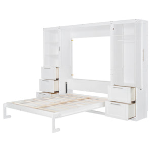 English Elm Queen Murphy Wall Bed with Wardrobe Drawers and Shelves for Studio or Guest Room White LP000865AAK-2
