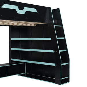 English Elm Full Size Wood Loft Bed with Rgb Lighting Desk and Multi-tier Shelves for Gaming Blue LT000374AAC