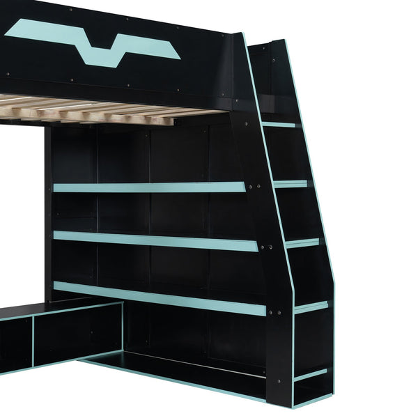 English Elm Full Size Wood Loft Bed with Rgb Lighting Desk and Multi-tier Shelves for Gaming Blue LT000374AAC