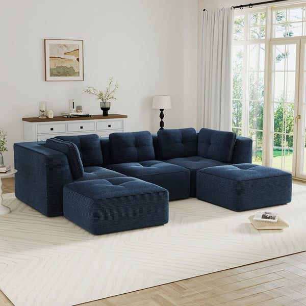 English Elm Modern Corduroy Sectional Sofa with Tufted Cushions Dual Ottomans and Deep Seating Blue W714S01803