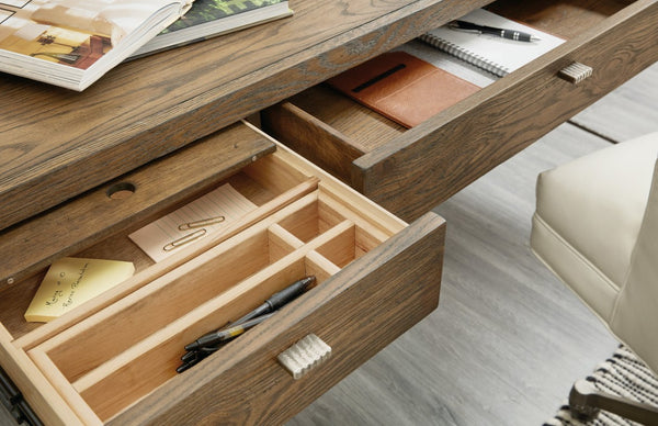 Hooker Furniture Chapman Rustic Writing Desk In White Oak With Hand‑Hammered Pewter Accents, Keyboard Drawer, 60" 6033-10458-85