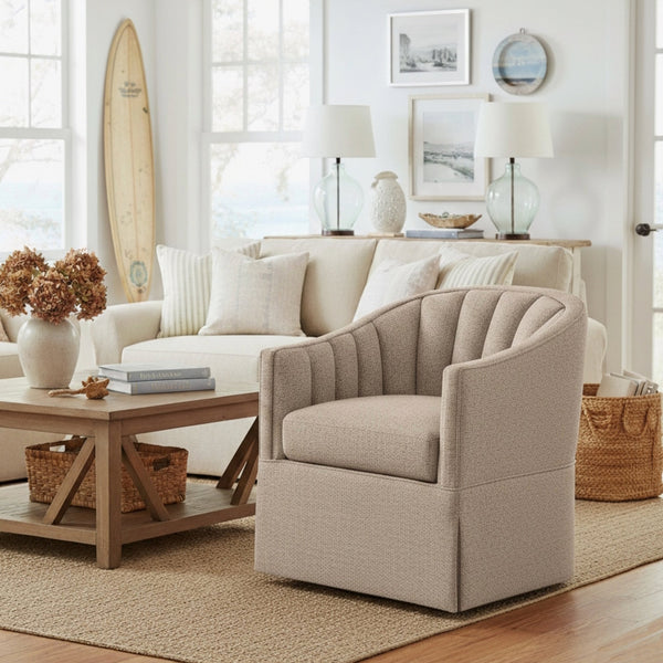 English Elm Solitude Skirted Swivel Accent Chair with Channel Tufting, Durable Polyester, 360° Metal Swivel, Plush Coil Seat Stone Gray B050P390593