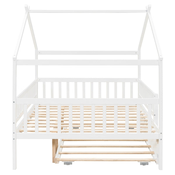 English Elm Full Size Pine House Bed with Roofline Frame and Roll Out Twin Trundle for Kids LP100306AAK