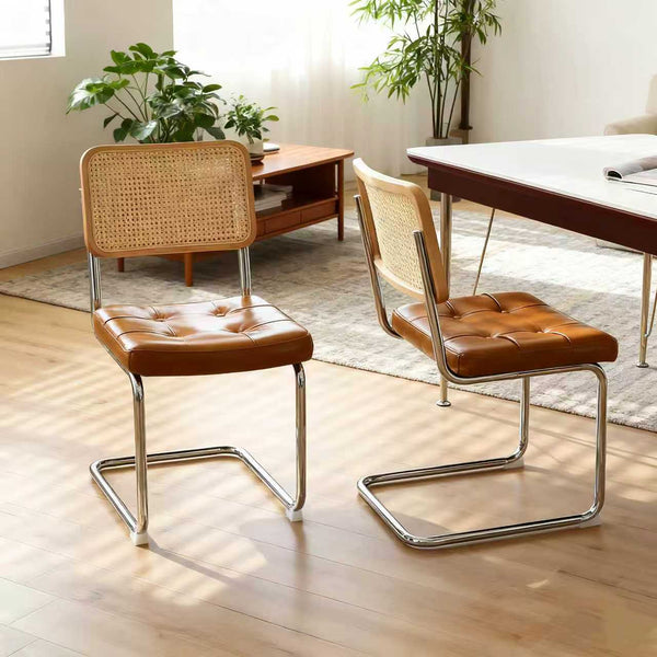 English Elm Dining Chairs Set of 4 Velvet Seat Woven Rattan Back Chrome Cantilever Frame Brown W2105S00006