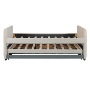 English Elm Twin Upholstered Daybed with Pull-Out Trundle and 3 Drawers, Velvet Finish, Solid Frame, Slat Kit Included Beige SF000147AAA