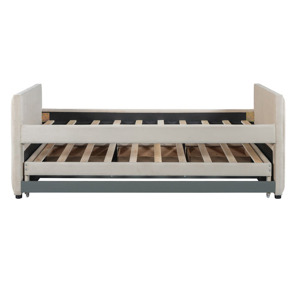 English Elm Twin Upholstered Daybed with Pull-Out Trundle and 3 Drawers, Velvet Finish, Solid Frame, Slat Kit Included Beige SF000147AAA