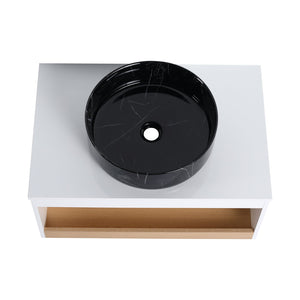 English Elm 30" Floating Wall Mount Bathroom Vanity Open Shelf Ceramic Vessel Sink Modern White White + Light Oak,White+Black W3450S00060